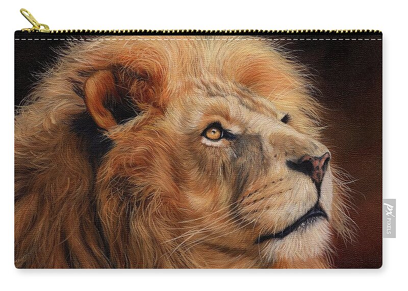 Lion Zip Pouch featuring the painting Majestic Lion by David Stribbling