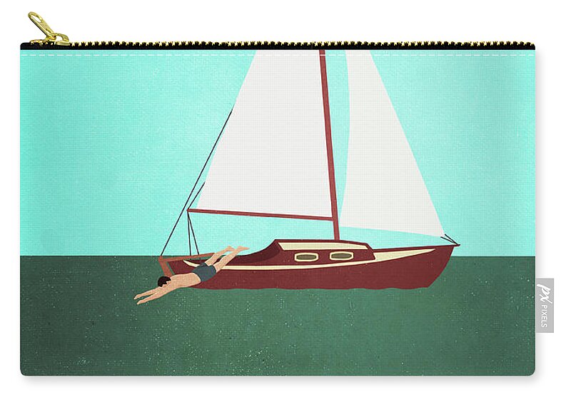 Diving Into Water Zip Pouch featuring the digital art Man And Woman Swimming In Sea By Boat by Malte Mueller