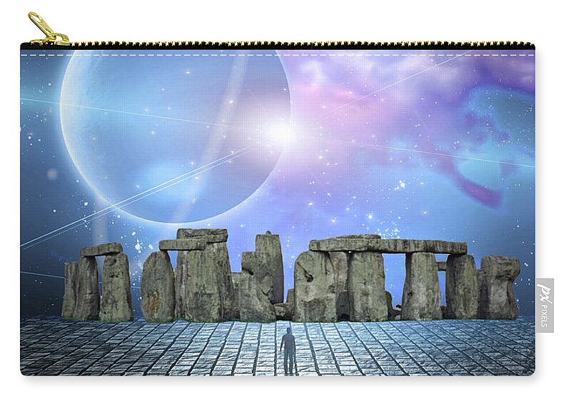 Ancient Zip Pouch featuring the digital art Man before stone structure by Bruce Rolff