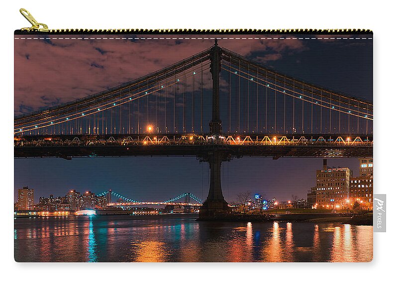 Amazing Brooklyn Bridge Photos Zip Pouch featuring the photograph Manhattan Bridge Framing Williamsburg Bridge by Mitchell R Grosky