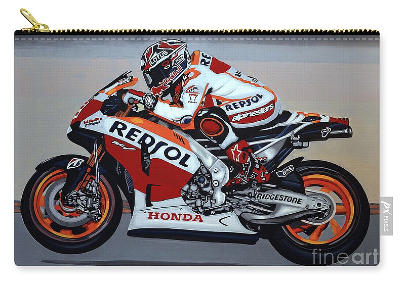 Marc Marquez Zip Pouch featuring the painting Marc Marquez by Paul Meijering