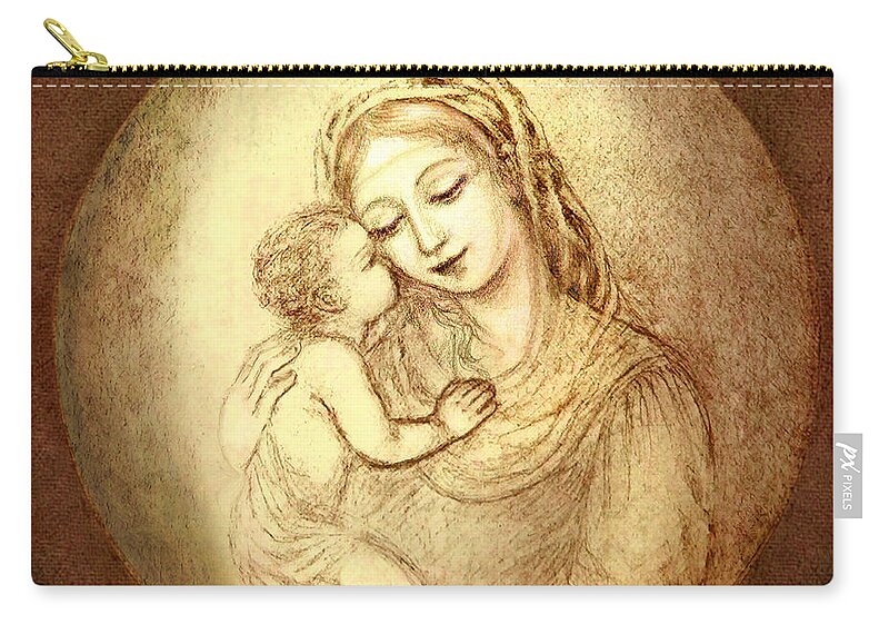 Madonna And Child Zip Pouch featuring the mixed media Mary and Jesus by Ananda Vdovic