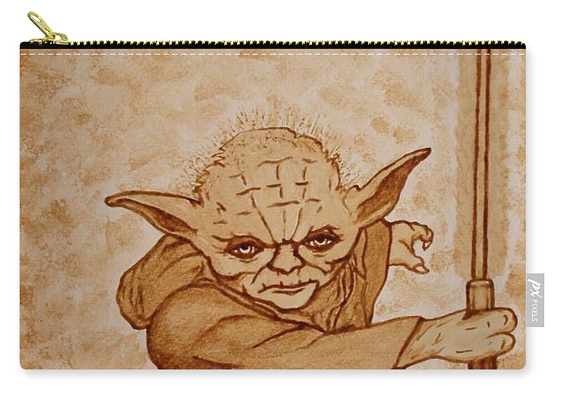 Master Joda Zip Pouch featuring the painting Master Yoda Jedi Fight beer painting by Georgeta Blanaru