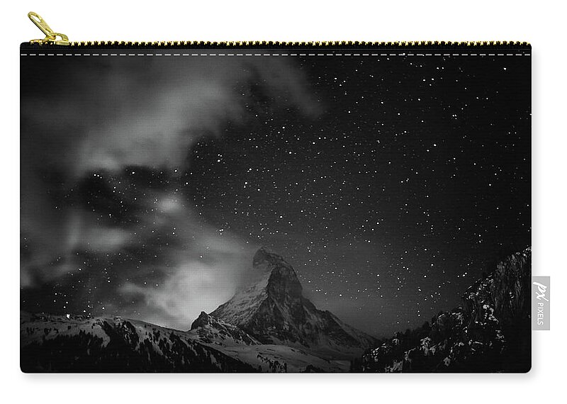 Tranquility Zip Pouch featuring the photograph Matterhorn With Stars In Black And White by Coolbiere Photograph