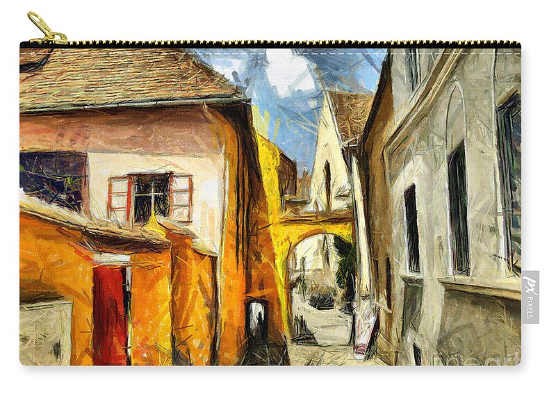 Street Zip Pouch featuring the mixed media Medieval street in Sighisoara Transylvania Romania - painting by Daliana Pacuraru