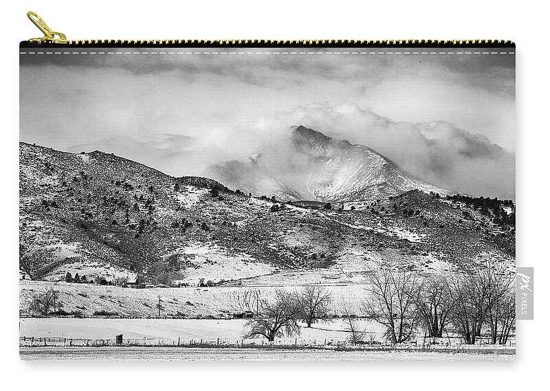 Longs Peak Carry-all Pouch featuring the photograph Meeker and Longs Peak in Winter Clouds BW by James BO Insogna