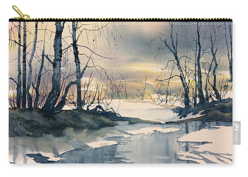 Glenn Marshall Yorkshire Artist Zip Pouch featuring the painting Melt Water on Skipwith Common by Glenn Marshall