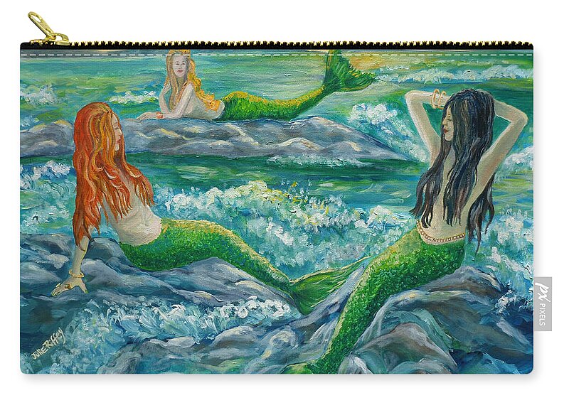 Mermaid Zip Pouch featuring the painting Mermaids on the Rocks by Julie Brugh Riffey