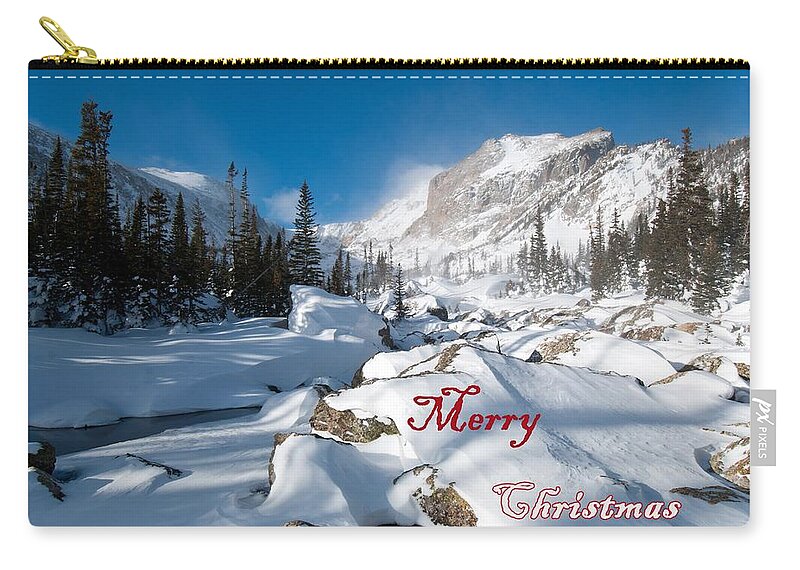 Happy Holidays Zip Pouch featuring the photograph Merry Christmas Snowy Mountain Scene by Cascade Colors