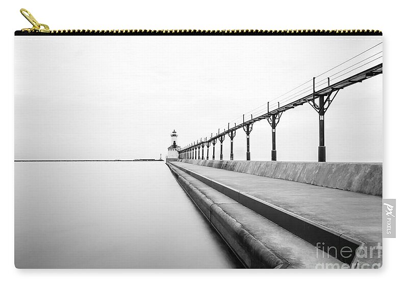 Amercian Zip Pouch featuring the photograph Michigan City Lighthouse Black and White Photo by Paul Velgos