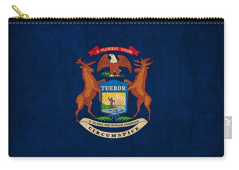 Michigan State Flag Art On Worn Canvas Zip Pouch featuring the mixed media Michigan State Flag Art on Worn Canvas by Design Turnpike