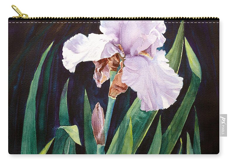 White Iris Zip Pouch featuring the painting Midnight Iris by Karen Mattson