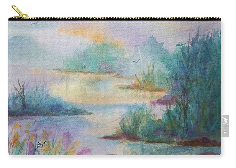 Misty Morn Zip Pouch featuring the painting Misty Morn On A Mountain Lake by Ellen Levinson