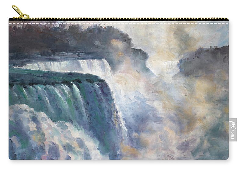 Niagara Falls Zip Pouch featuring the painting Misty Niagara Falls by Ylli Haruni