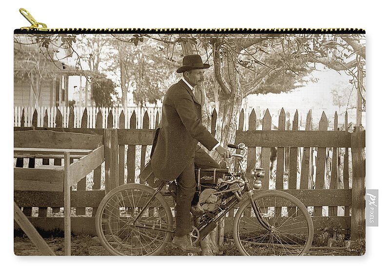 Mitchell Zip Pouch featuring the photograph Mitchell Motorcycle circa 1907 by Monterey County Historical Society