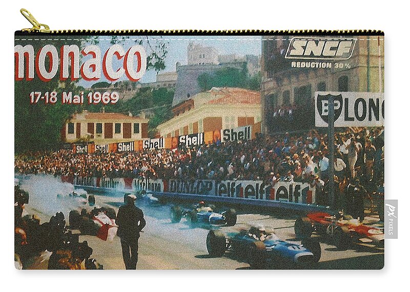 Monaco Grand Prix Zip Pouch featuring the digital art Monaco 1969 by Georgia Clare