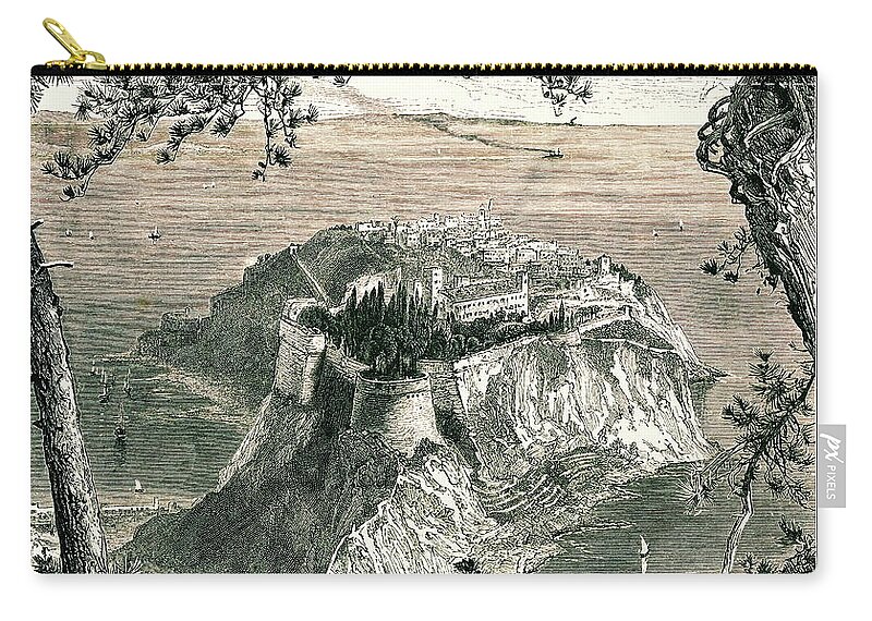 Scenics Zip Pouch featuring the digital art Monaco I Antique European Illustrations by Nicoolay