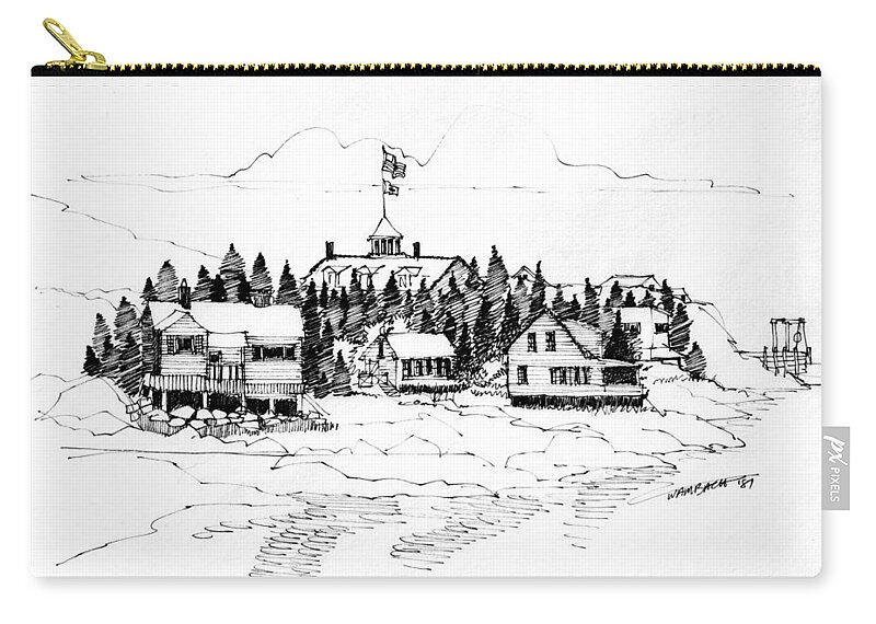 Monhegan Island Zip Pouch featuring the drawing Monhegan Village 1987 by Richard Wambach