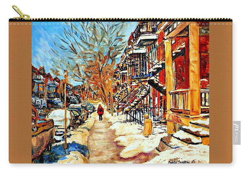 Montreal Zip Pouch featuring the painting Montreal Art Winterwalk In Montreal Street Scene Painting by Carole Spandau