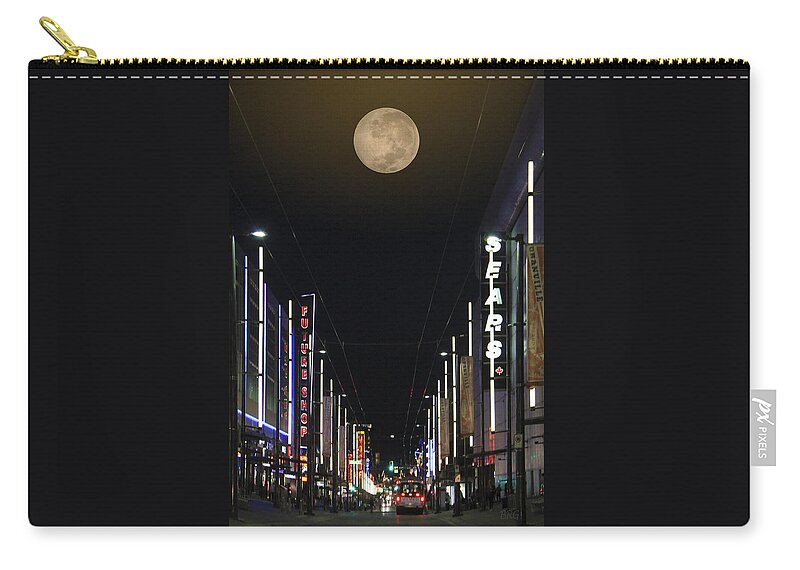 Night Life Zip Pouch featuring the photograph Moon Over Granville Street by Ben and Raisa Gertsberg