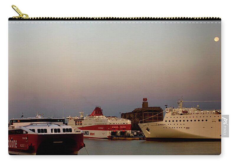 Piraeus Port Zip Pouch featuring the photograph Moon Over Piraeus Port by Lorraine Devon Wilke