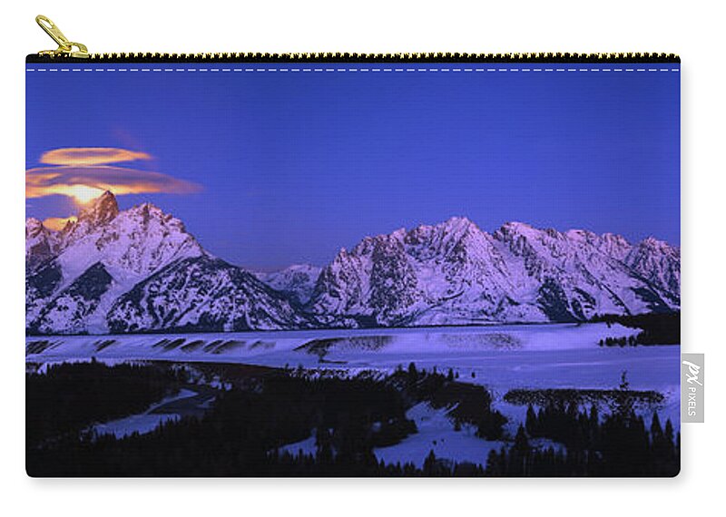 Moon Sets Over Behind The Tetons Panorama Zip Pouch featuring the photograph Moon Sets Over Behind the Tetons Panorama by Raymond Salani III