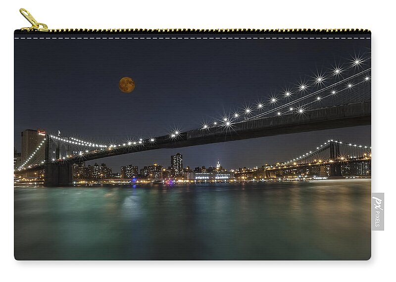 Brooklyn Bridge Zip Pouch featuring the photograph Moonrise over Manhattan II by Susan Candelario