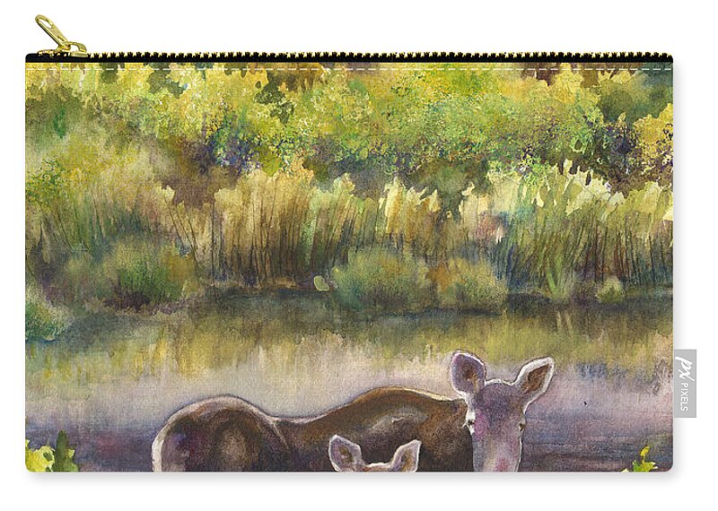 Moose And Calf Painting Zip Pouch featuring the painting Moose Magic by Anne Gifford