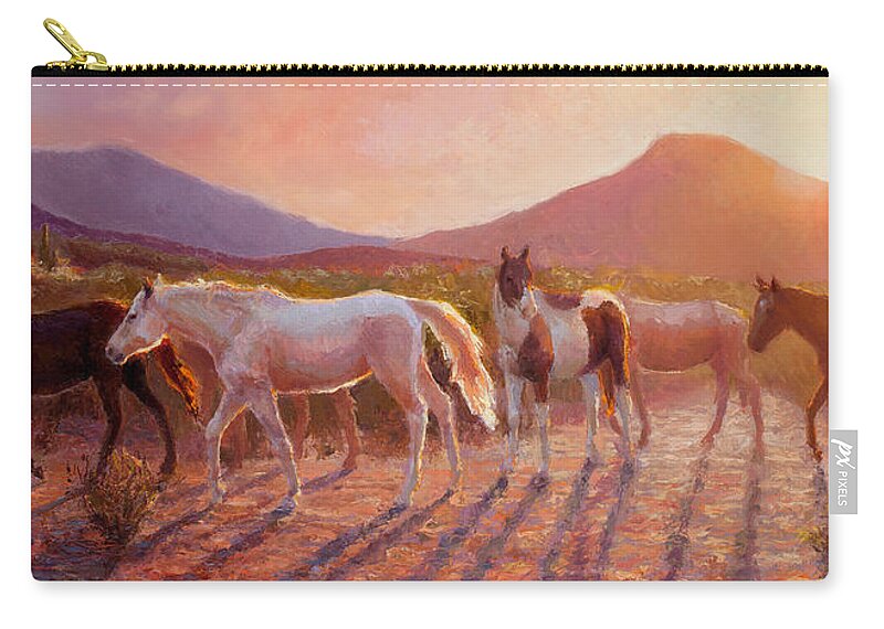Arizona Art Zip Pouch featuring the painting More Than Light Arizona Sunset and Wild Horses by K Whitworth