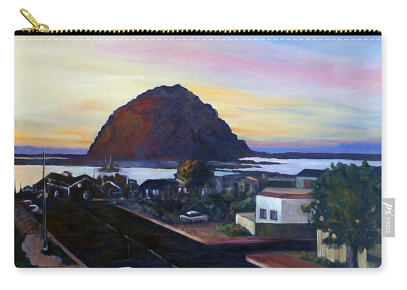Morro Rock Zip Pouch featuring the painting Morro Rock at Night by Barbara Oertli