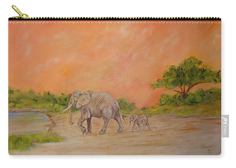 During The Beautiful Sunset Zip Pouch featuring the painting Mother Elephant Leads Baby to Water by Charme Curtin