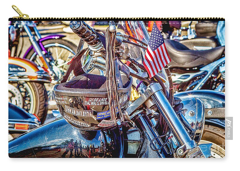 Motorcycles Zip Pouch featuring the photograph Motorcycle Helmet and Flag by Eleanor Abramson