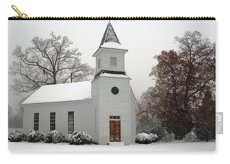 Snow Zip Pouch featuring the photograph Mount Calvary Methodist by Erika Fawcett