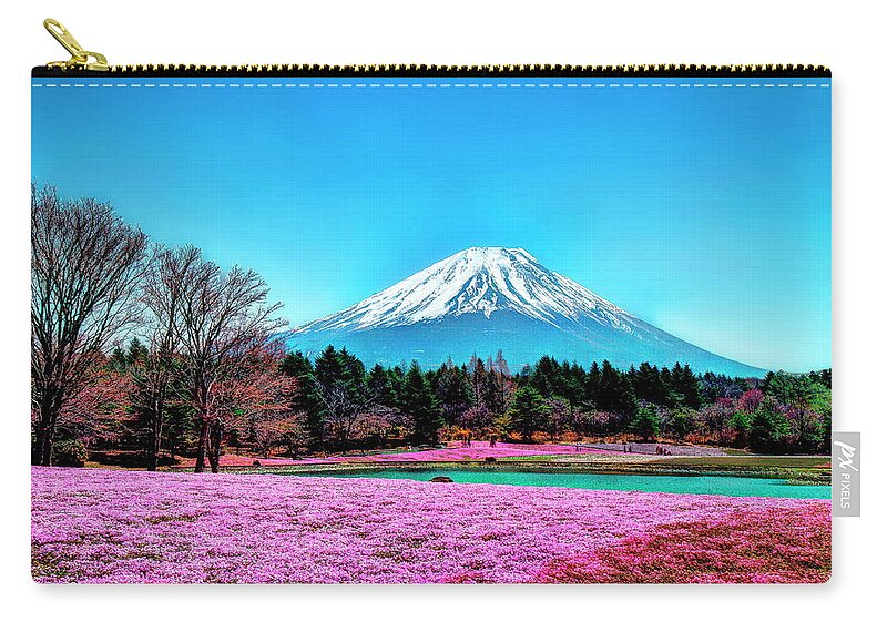 Tranquility Zip Pouch featuring the photograph Mount Fuji In Spring And Blue Sky by Michaël Ducloux