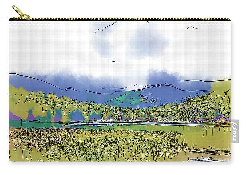 Mountain Zip Pouch featuring the digital art Mountain Meadow Lake by Kirt Tisdale