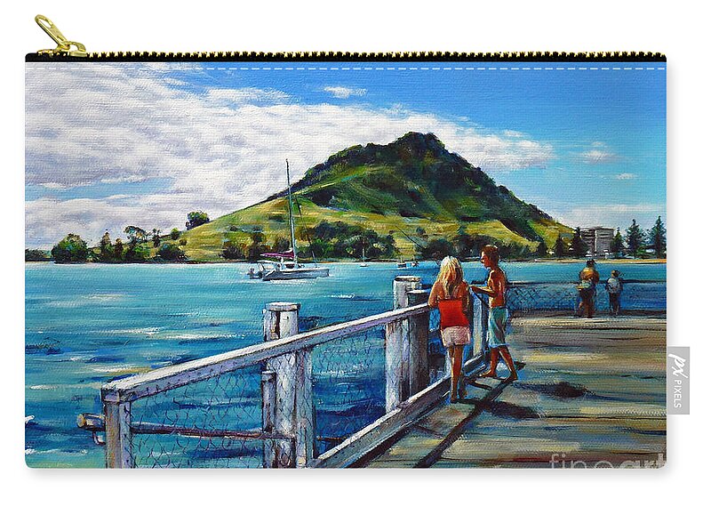 Pier Zip Pouch featuring the painting Mt Maunganui Pier 140114 #2 by Selena Boron