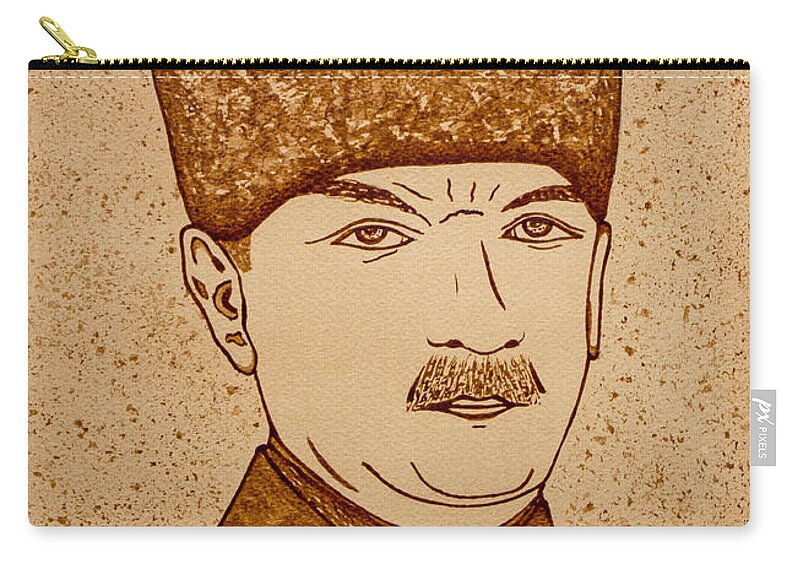 Mustafa Kemal Ataturk Zip Pouch featuring the painting Mustafa Kemal Ataturk coffee painting by Georgeta Blanaru
