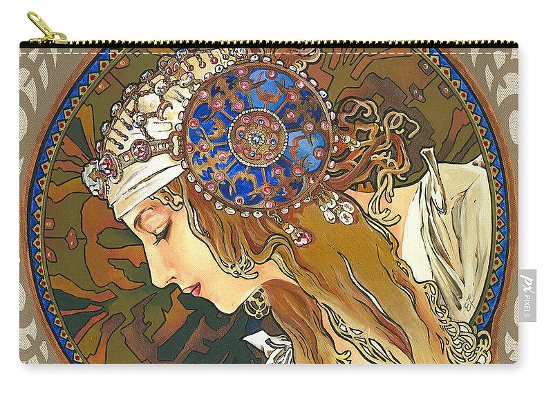 Yakubovich Zip Pouch featuring the painting My Acrylic Painting As Interpretation of Alphonse Mucha- Byzantine Head. The Blonde. Diagonal frame. by Elena Daniel Yakubovich