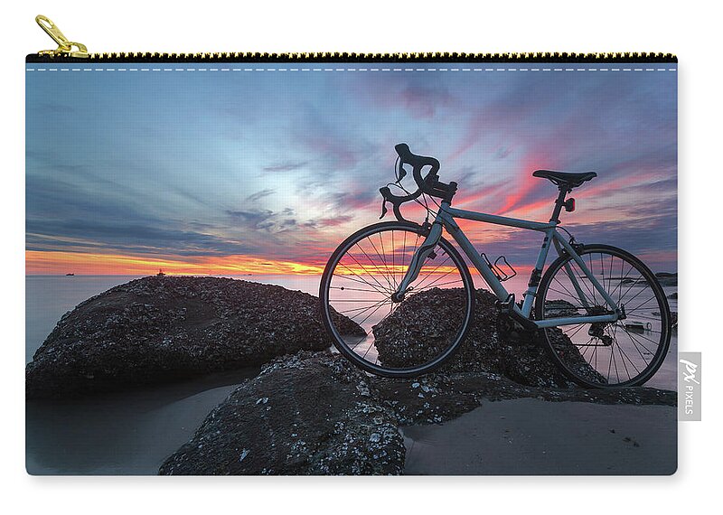 Scenics Zip Pouch featuring the photograph My Bike On The Beach by Monthon Wa