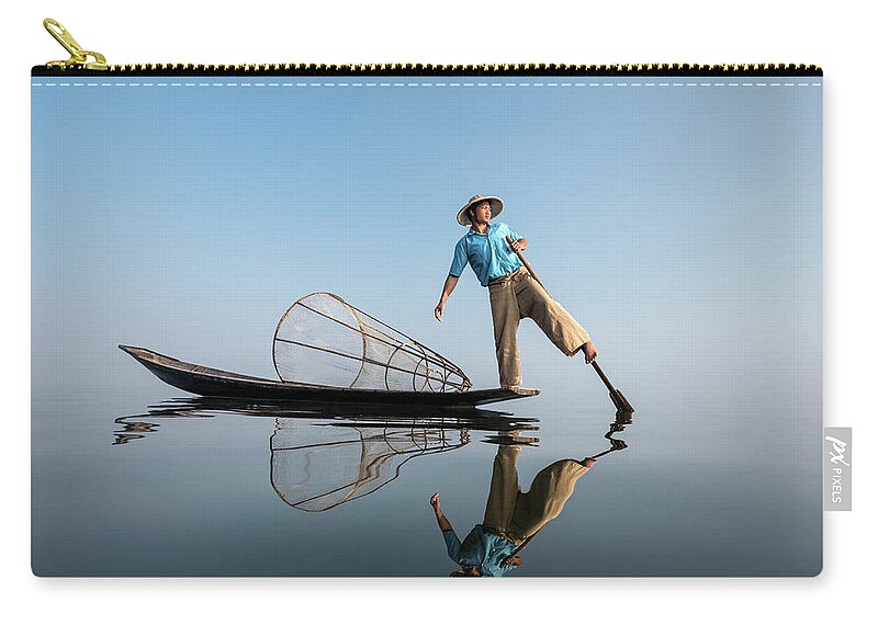 Working Zip Pouch featuring the photograph Myanmar, Inle Lake, Traditional by Martin Puddy
