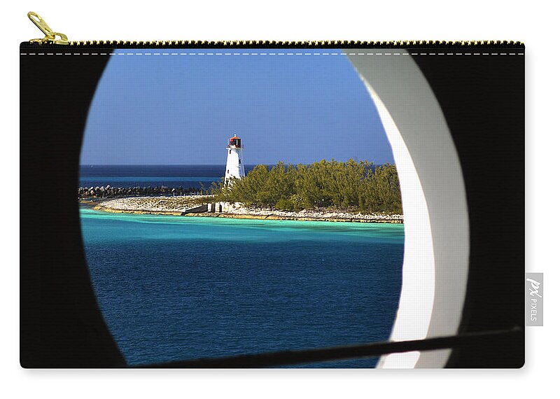 Nassau Lighthouse Zip Pouch featuring the photograph Nassau Lighthouse Porthole View by Bill Swartwout