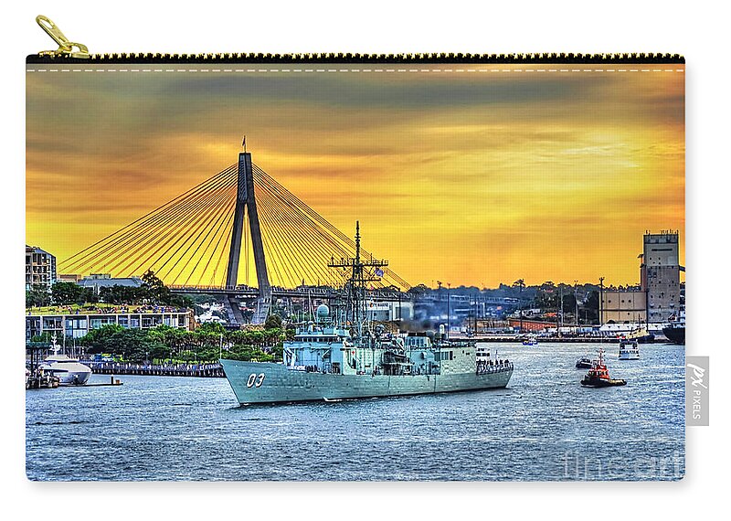Photography Zip Pouch featuring the photograph Navy Ship and Anzac Bridge at Sunset by Kaye Menner