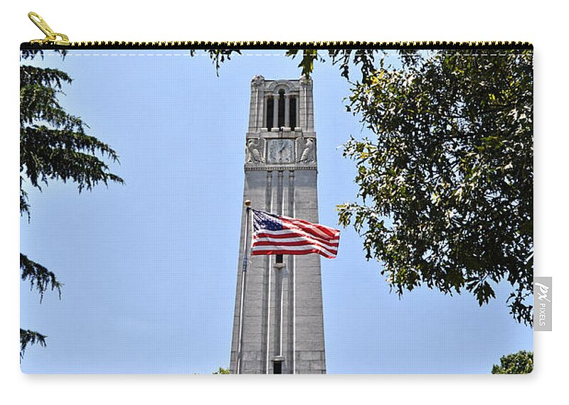 Nature Zip Pouch featuring the photograph NC State Memorial Bell Tower and US Flag by Paulette B Wright