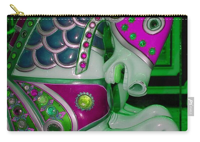 Carousel Zip Pouch featuring the digital art Neon Green Carousel Horse by Patty Vicknair