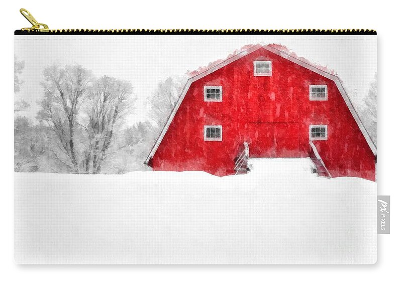 Etna Zip Pouch featuring the photograph New England Red Barn in Winter Snow Storm Watercolor by Edward Fielding