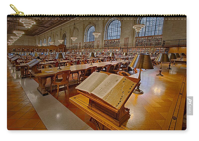 The New York Public Library Zip Pouch featuring the photograph New York Public Library Rose Main Reading Room by Susan Candelario