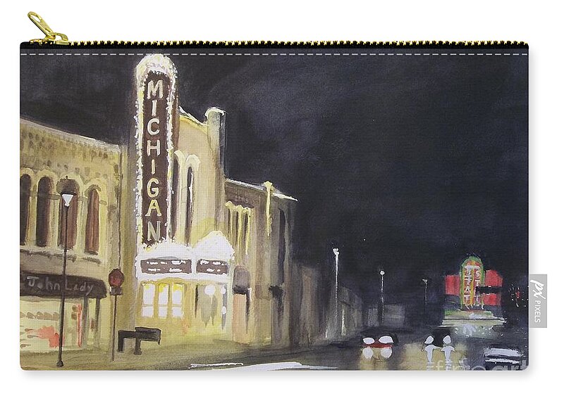Town Zip Pouch featuring the painting Night Time at Michigan Theater - Ann Arbor MI by Yoshiko Mishina