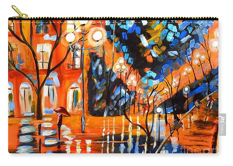 Landscape Canvas Print Zip Pouch featuring the painting Night Village Rain by Jayne Kerr