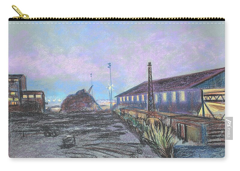 Industrial Landscape Painting Zip Pouch featuring the pastel Nightfall on the Metal Mountain at Schnitzer Steel by Asha Carolyn Young