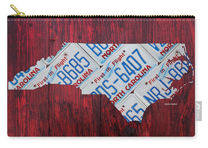 North Zip Pouch featuring the mixed media North Carolina State License Plate Map Art by Design Turnpike